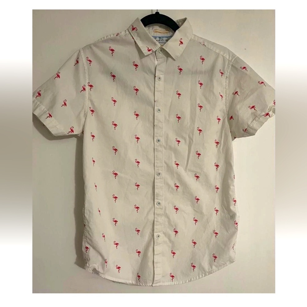Denim & Flower SS Button-down Flamingo Shirt "Wear Your Happiness" Men's SMALL
